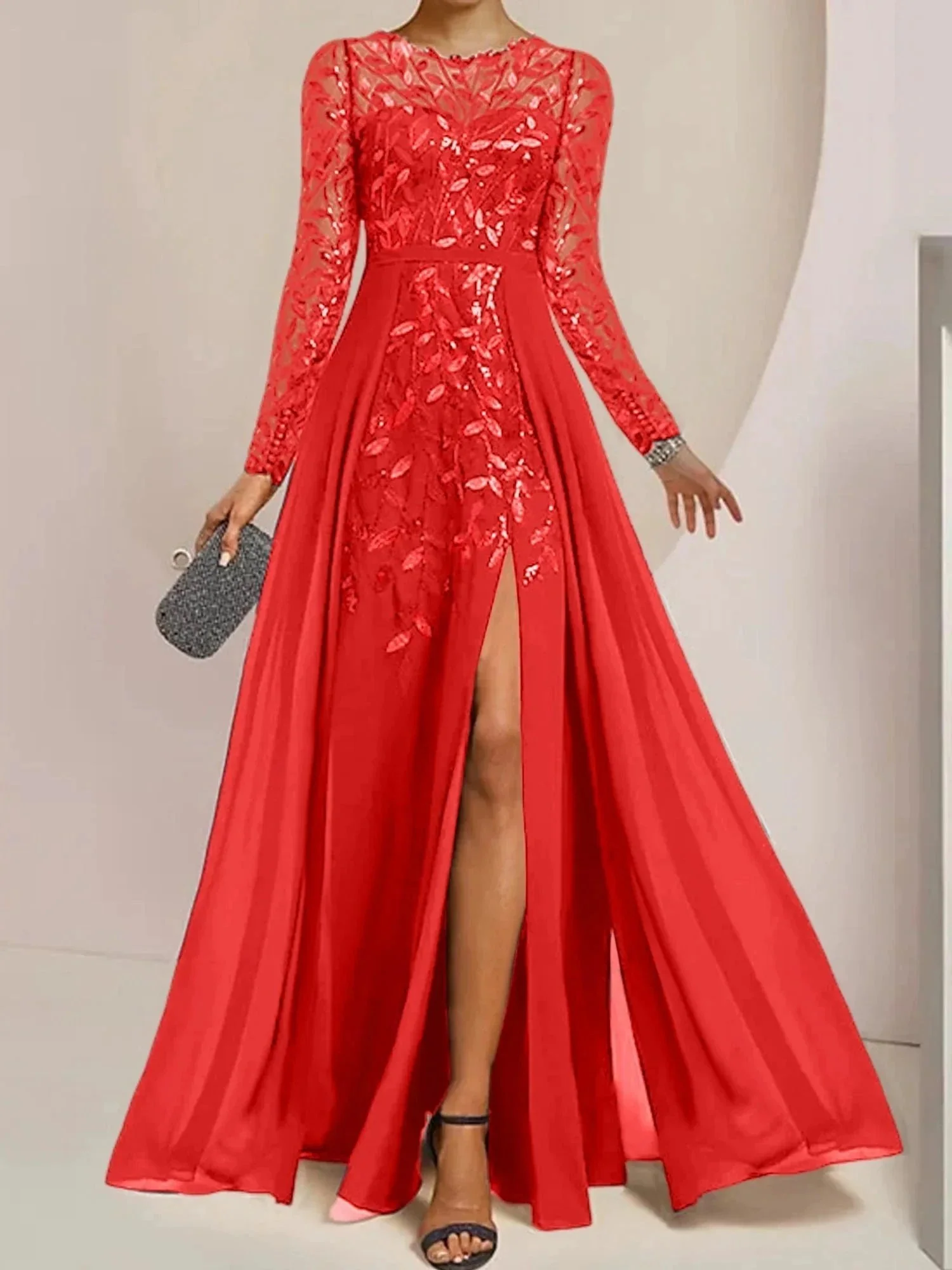 A-Line/Princess Scoop Floor-Length Mother of the Bride Dresses with Split Side Ruffles Sequins - Image 72