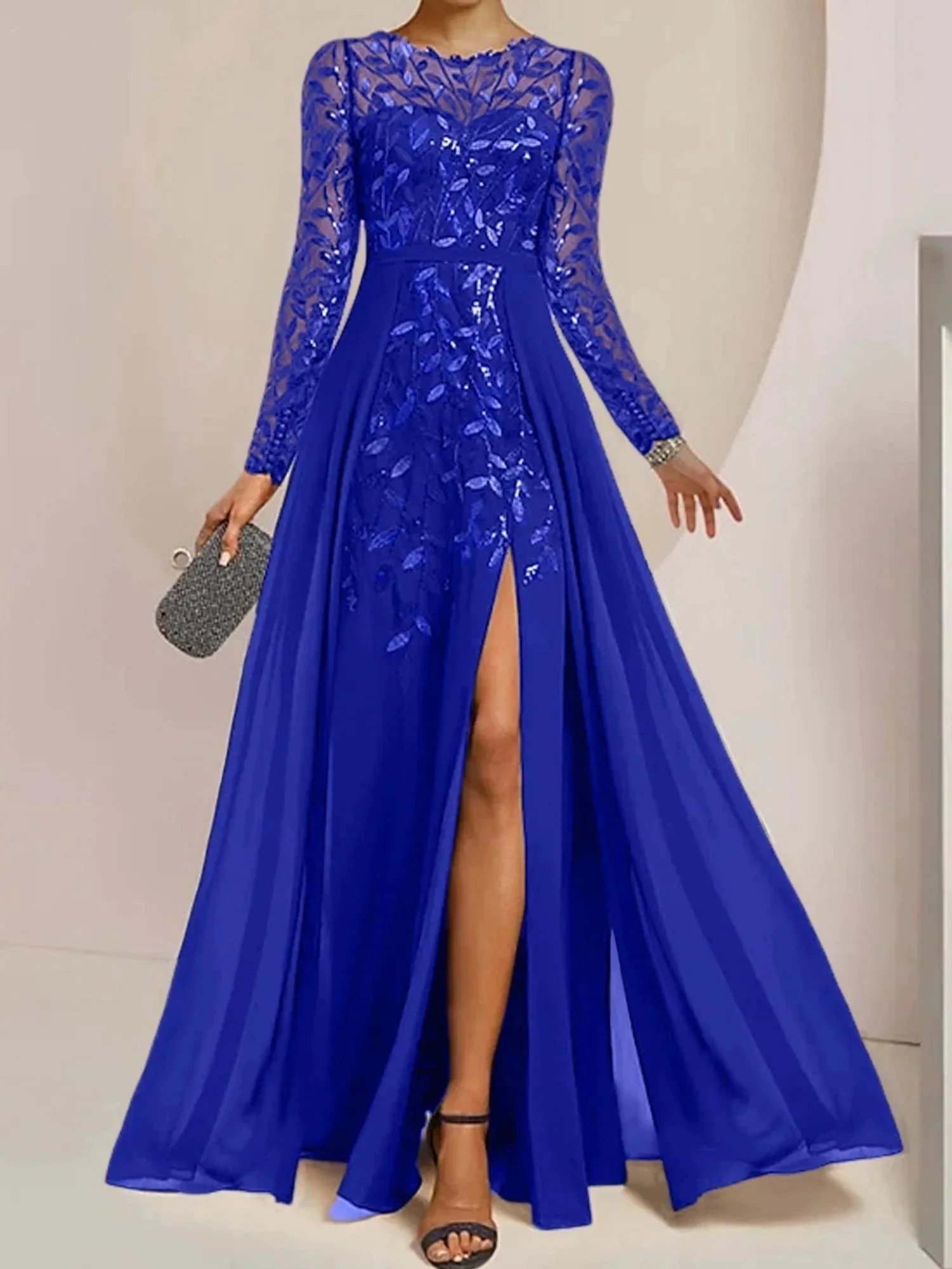 A-Line/Princess Scoop Floor-Length Mother of the Bride Dresses with Split Side Ruffles Sequins - Image 73