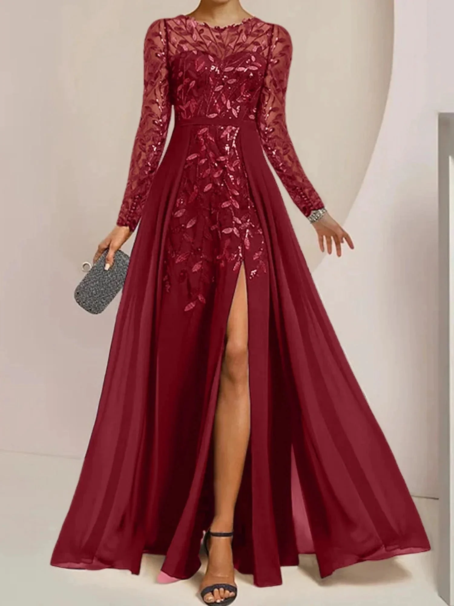 A-Line/Princess Scoop Floor-Length Mother of the Bride Dresses with Split Side Ruffles Sequins - Image 79