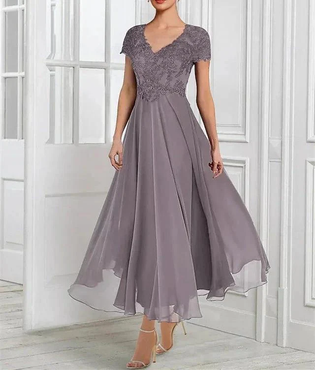 A-Line/Princess Chiffon V Neck Short Sleeves  Mother of the Bride Dresses with Lace Jacket Pleats Appliques - Image 2