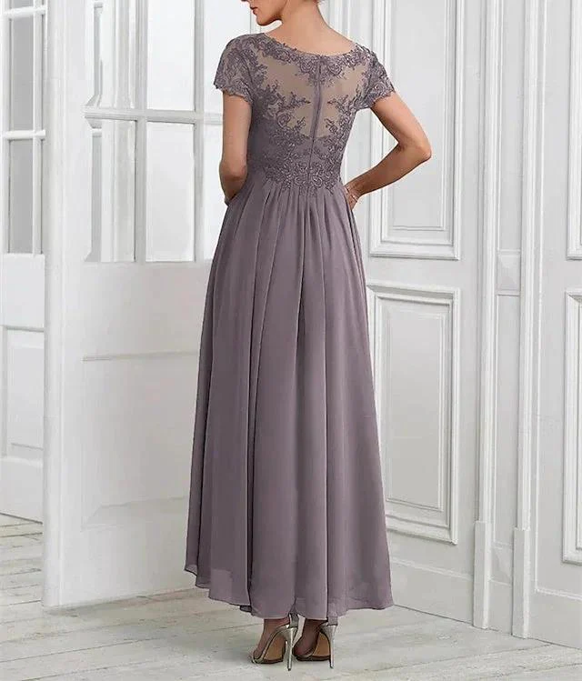 A-Line/Princess Chiffon V Neck Short Sleeves  Mother of the Bride Dresses with Lace Jacket Pleats Appliques - Image 3