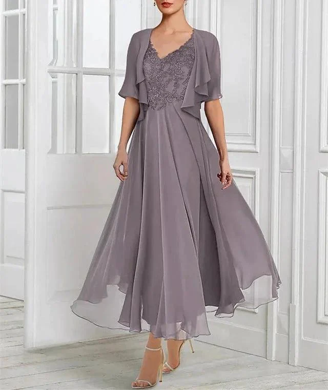 A-Line/Princess Chiffon V Neck Short Sleeves  Mother of the Bride Dresses with Lace Jacket Pleats Appliques - Image 5