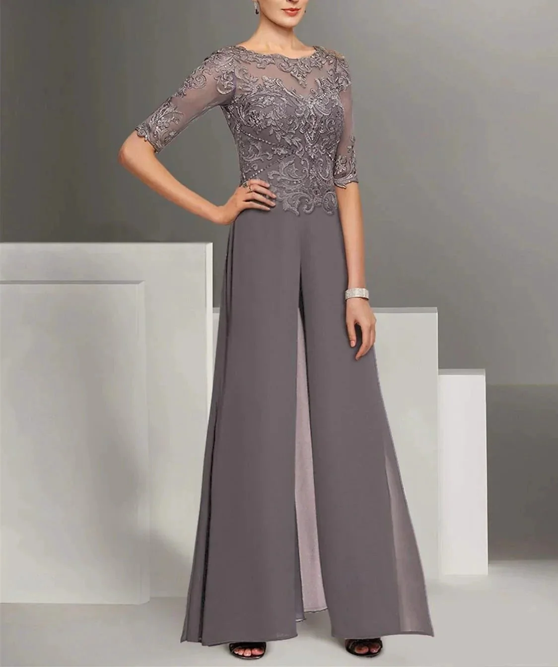 Chiffon half Sleeves Mother of the Bride Pantsuits with Lace - Image 2