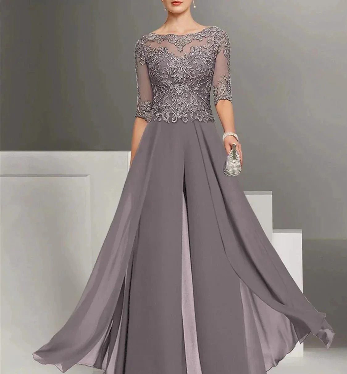 Chiffon half Sleeves Mother of the Bride Pantsuits with Lace - Image 6