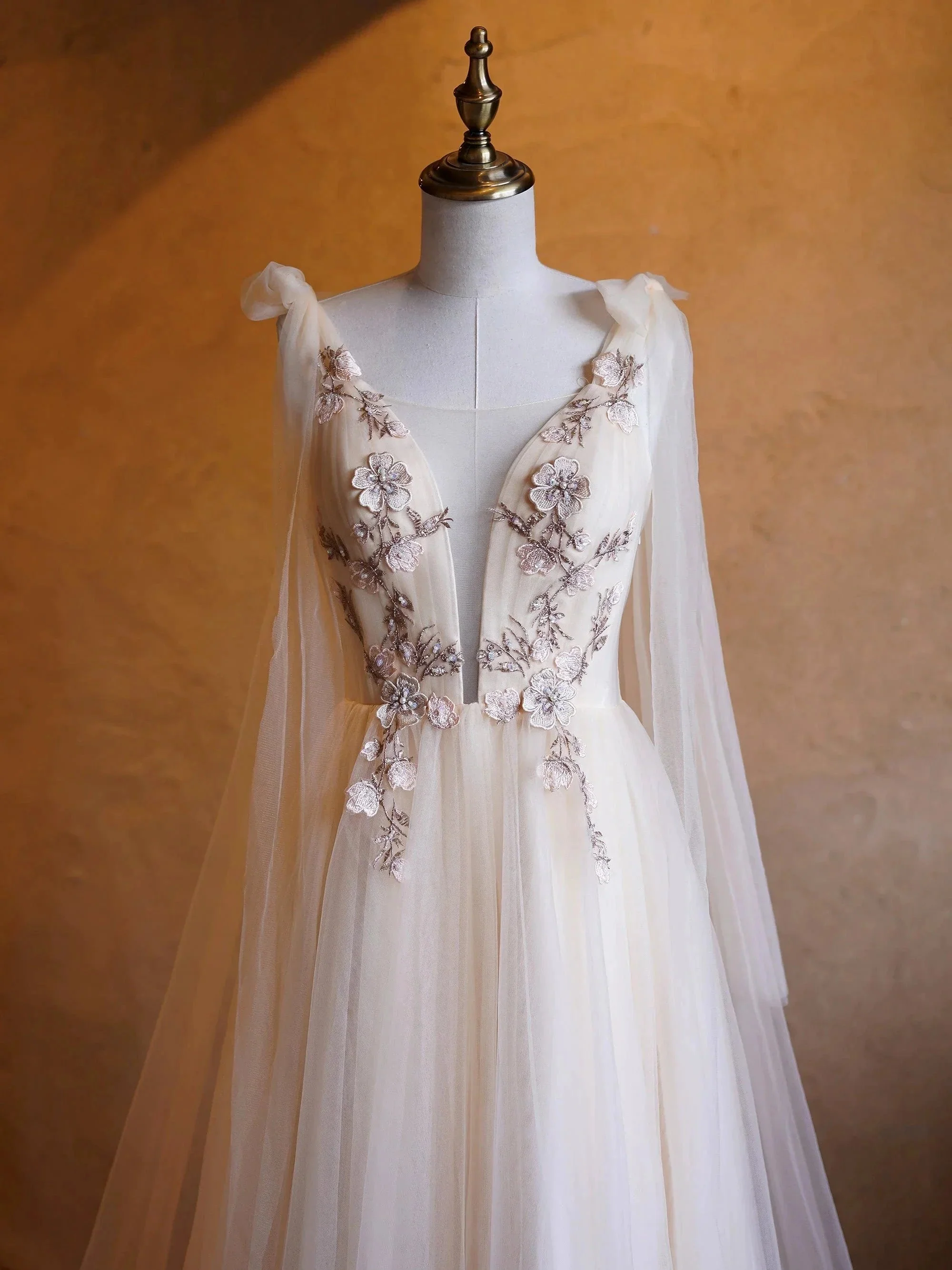A-line Tulle Embroidery Deep-V Neck Floor-Length Prom Dresses - Image 3
