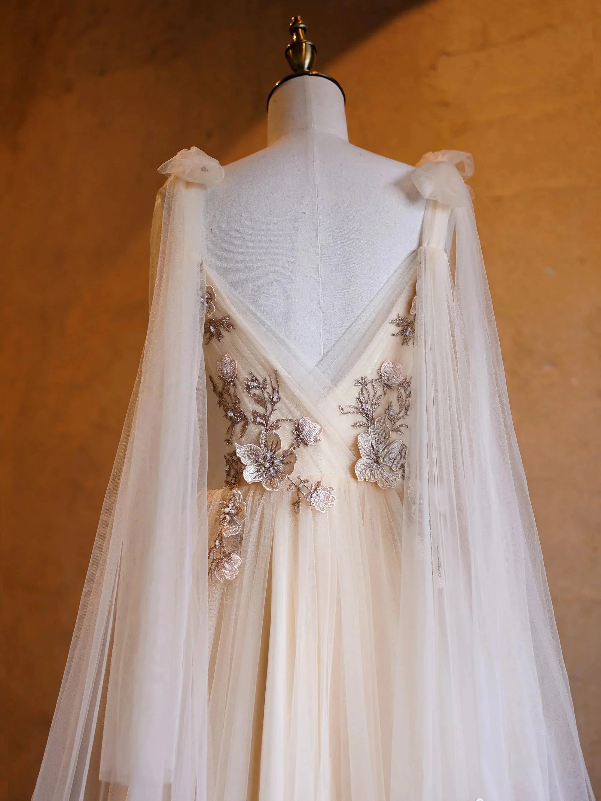A-line Tulle Embroidery Deep-V Neck Floor-Length Prom Dresses - Image 6