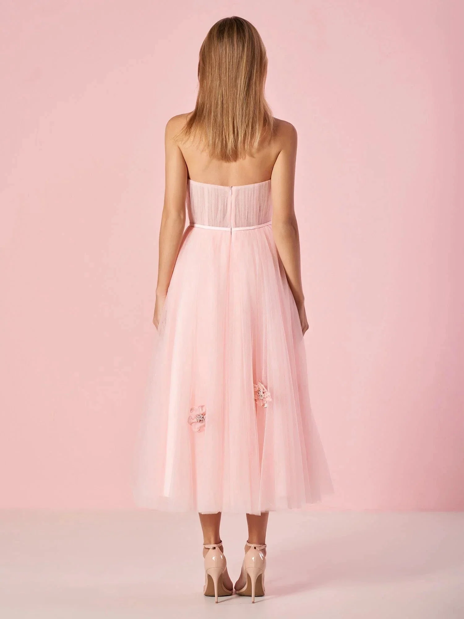 Pandora |Light Pink Princess Strapless Prom Dress with Flowers - Image 2