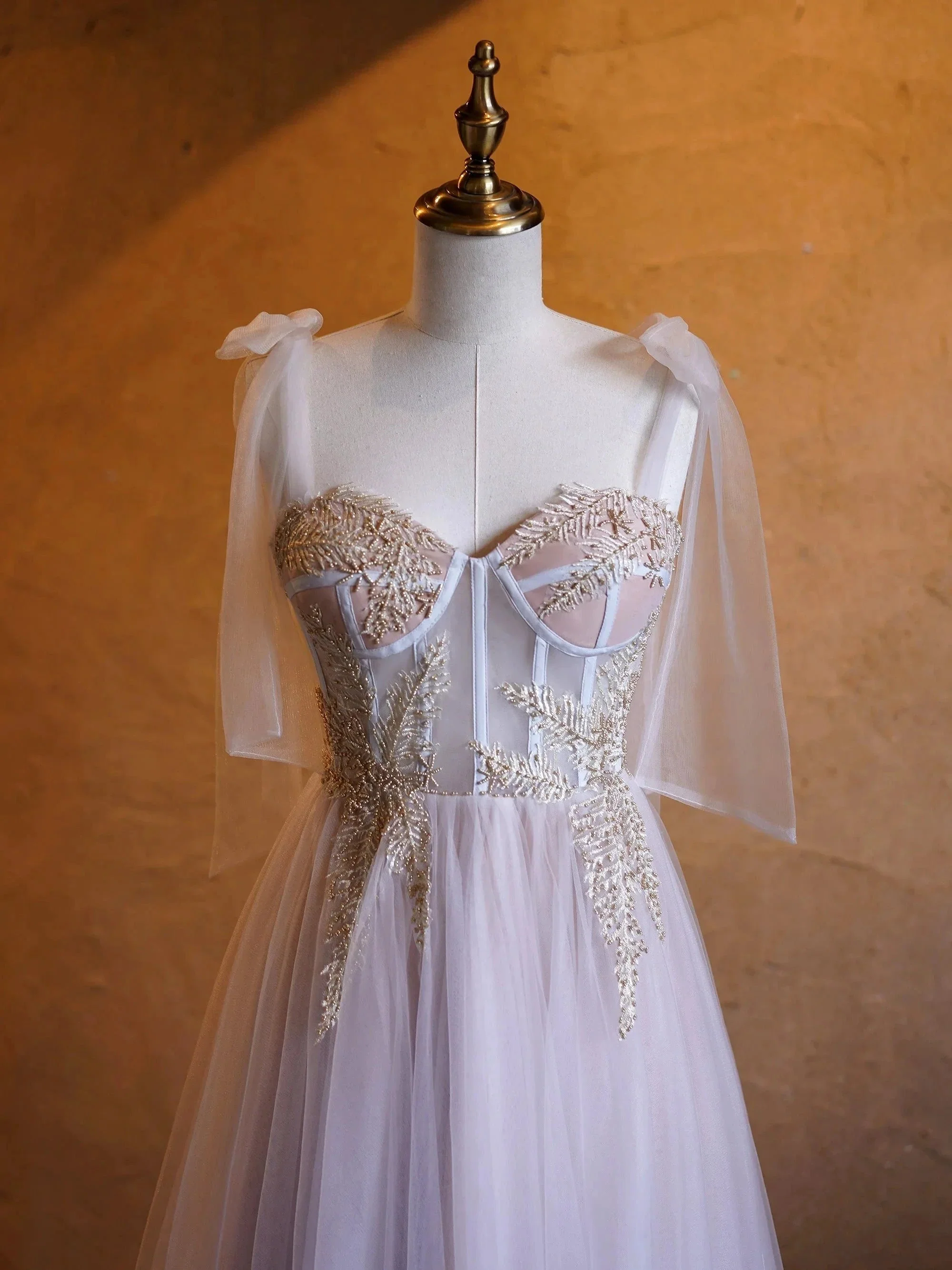 A-line Corset Applique Tulle Bow Straps Long Prom Dress with sweep train - Image 2