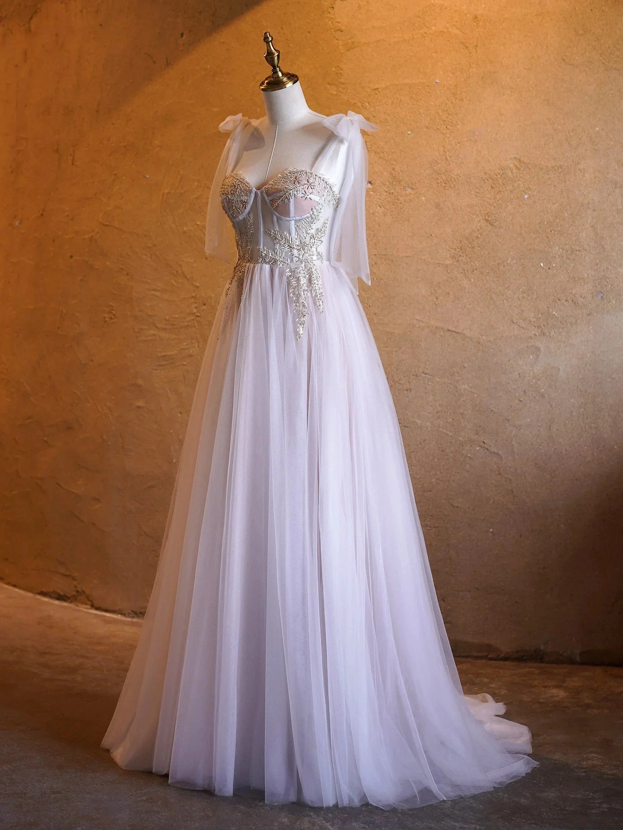 A-line Corset Applique Tulle Bow Straps Long Prom Dress with sweep train - Image 3