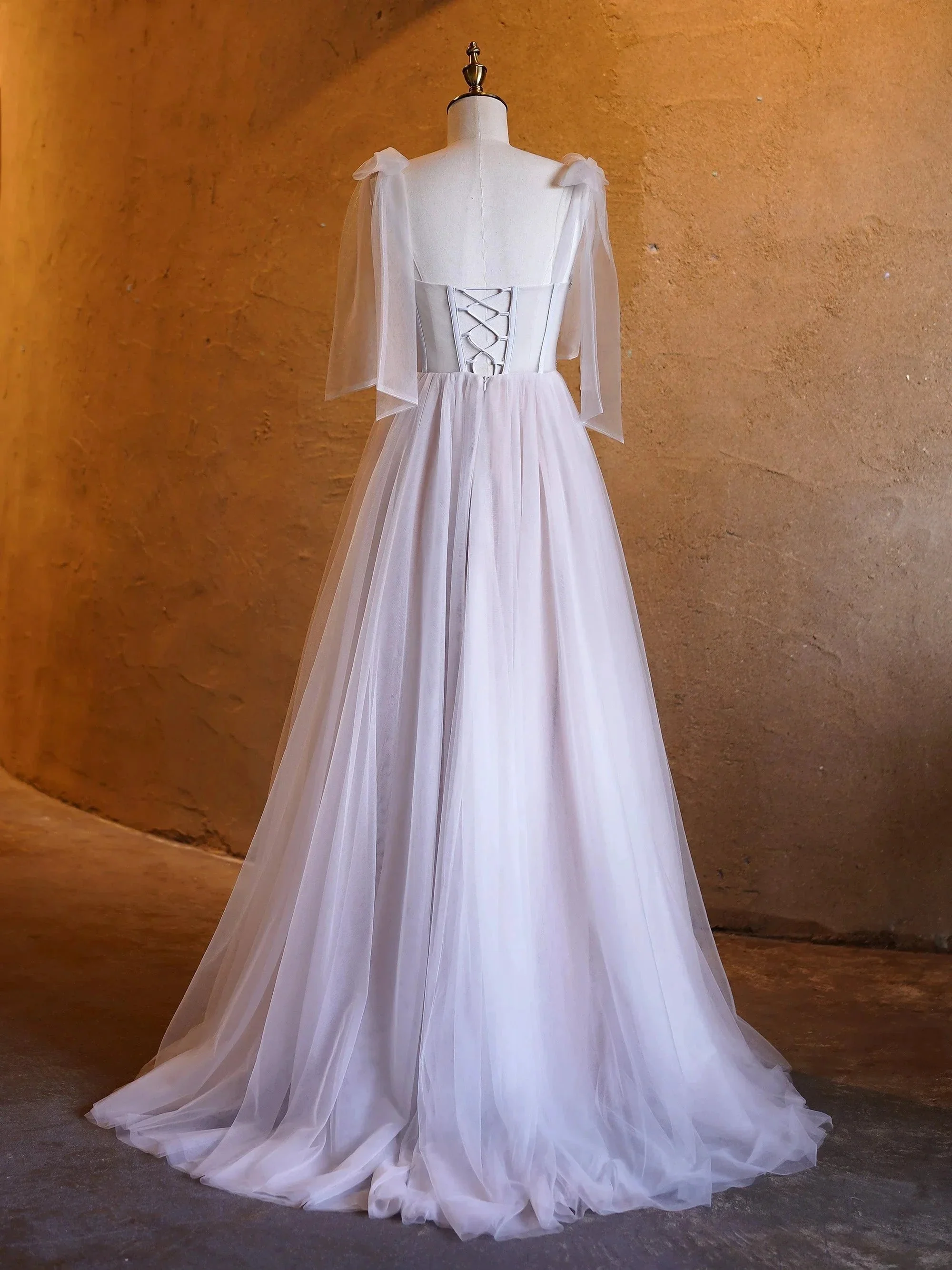 A-line Corset Applique Tulle Bow Straps Long Prom Dress with sweep train - Image 4