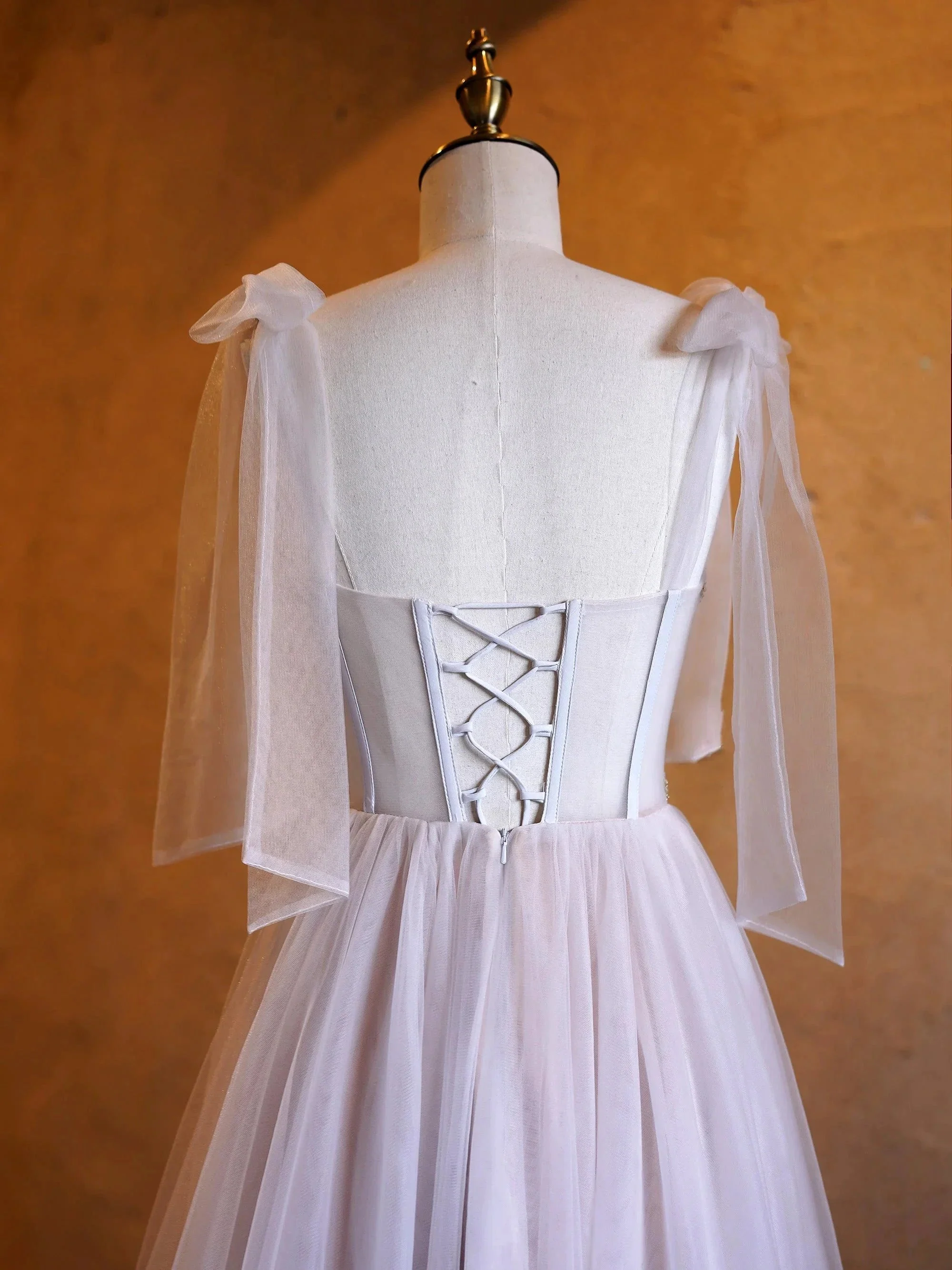 A-line Corset Applique Tulle Bow Straps Long Prom Dress with sweep train - Image 5