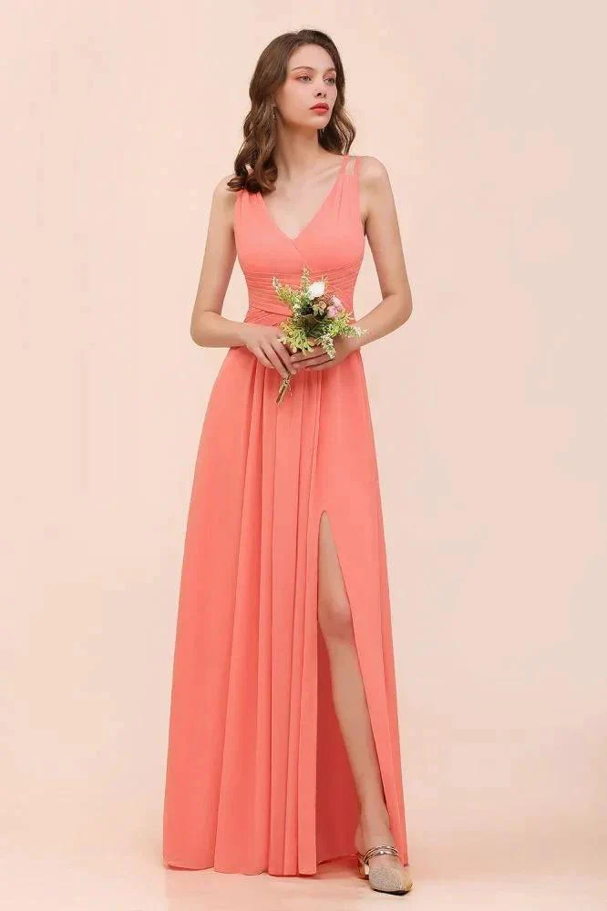 Coral Beach Bridesmaid Dress Front Split Wedding Party Dress - Image 3
