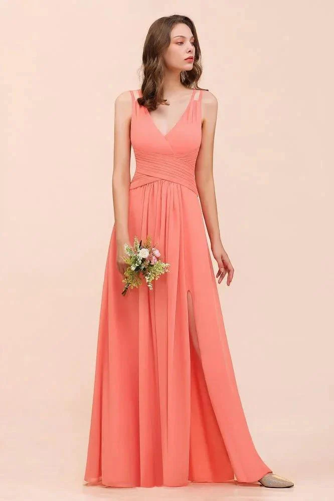 Coral Beach Bridesmaid Dress Front Split Wedding Party Dress - Image 4