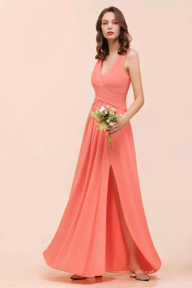 Coral Beach Bridesmaid Dress Front Split Wedding Party Dress - Image 5