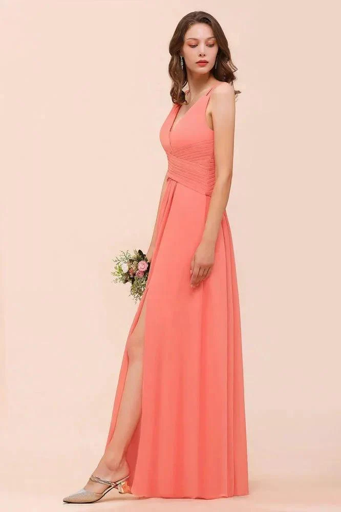 Coral Beach Bridesmaid Dress Front Split Wedding Party Dress - Image 6