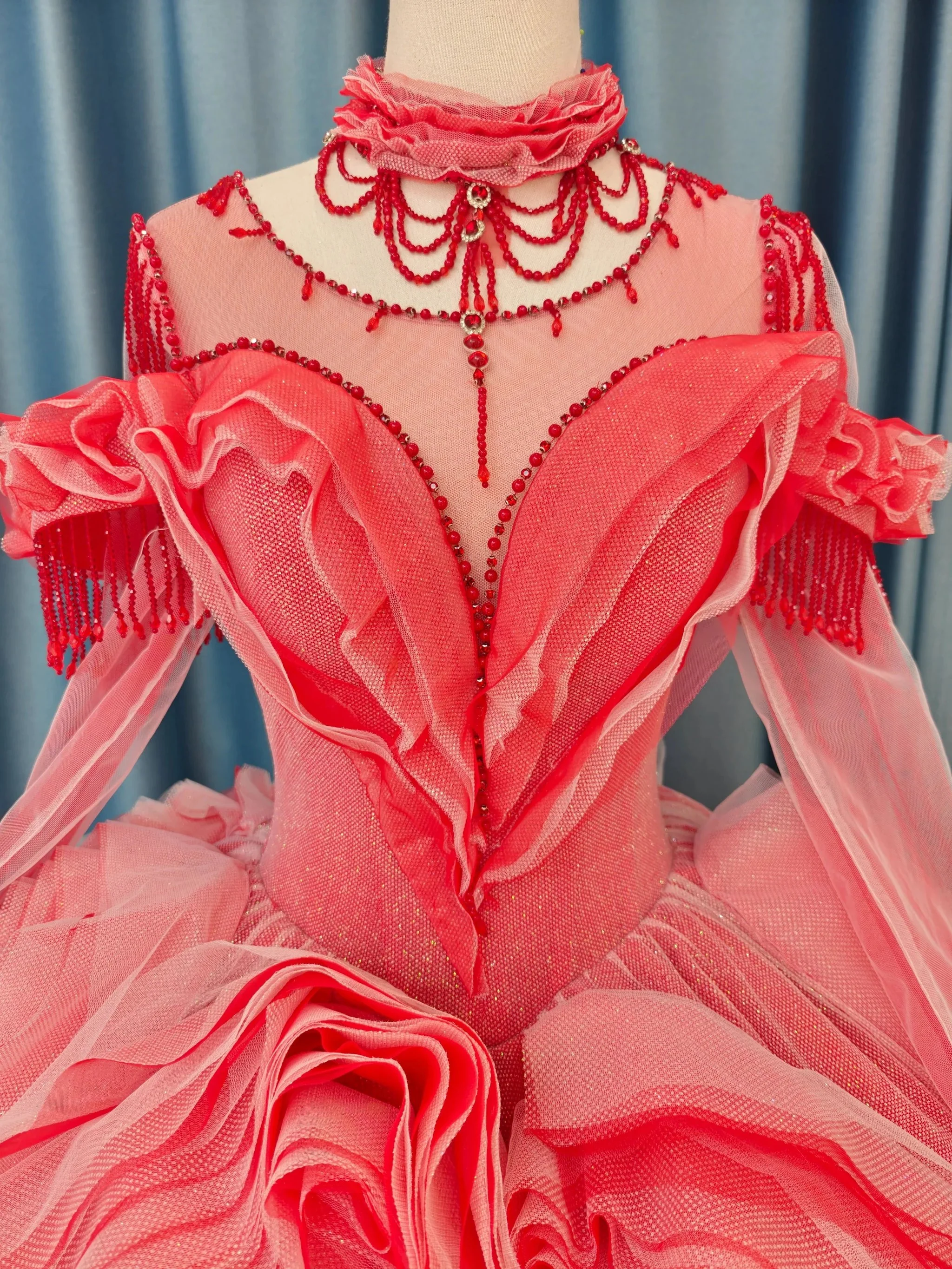 Vibrant Coral Red Off-the-Shoulder Ball Gown Wedding Dress with 3D Rose Appliqués & Beaded Tassels Ye-2036 - Image 2