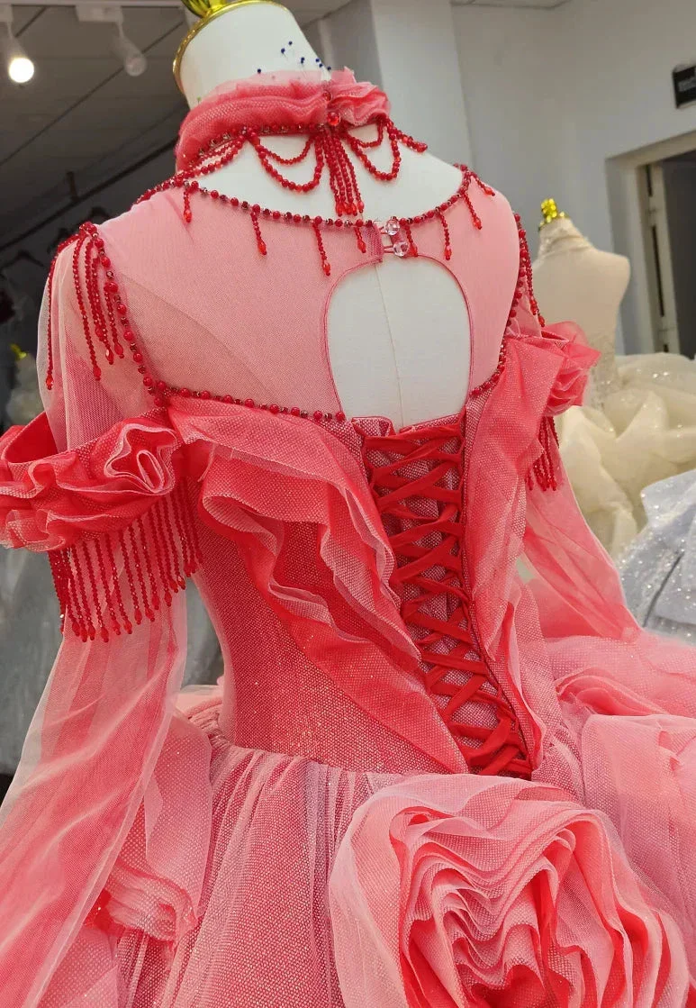 Vibrant Coral Red Off-the-Shoulder Ball Gown Wedding Dress with 3D Rose Appliqués & Beaded Tassels Ye-2036 - Image 4