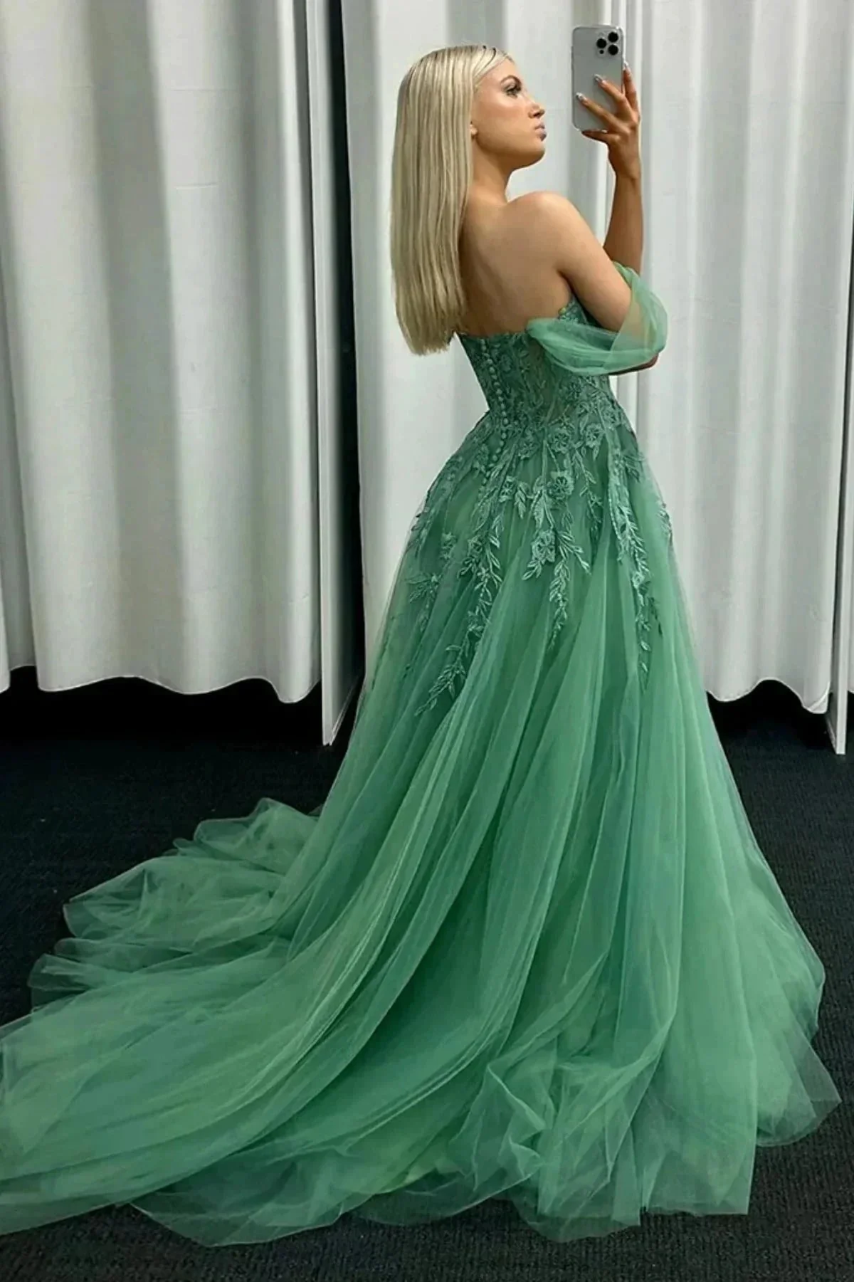Corbin | Off the Shoulder Mint Green Tulle Lace Prom Dresses with Appliques - Image 2