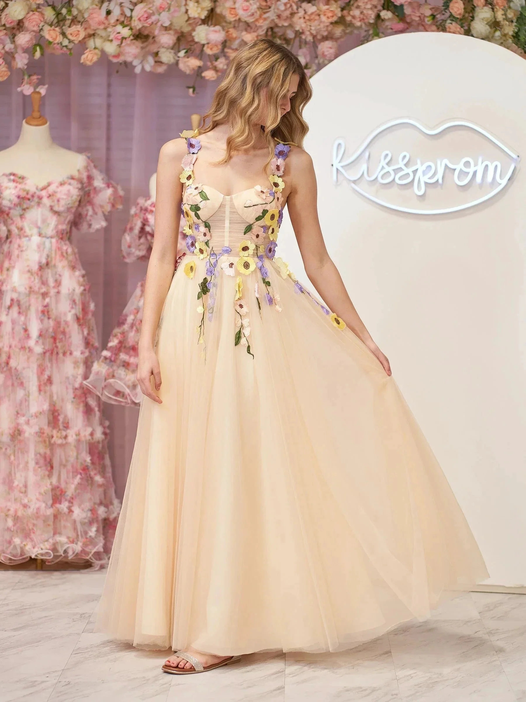 Piper | A-Line Corset Midi Prom Dress with 3D Flowers - Image 6