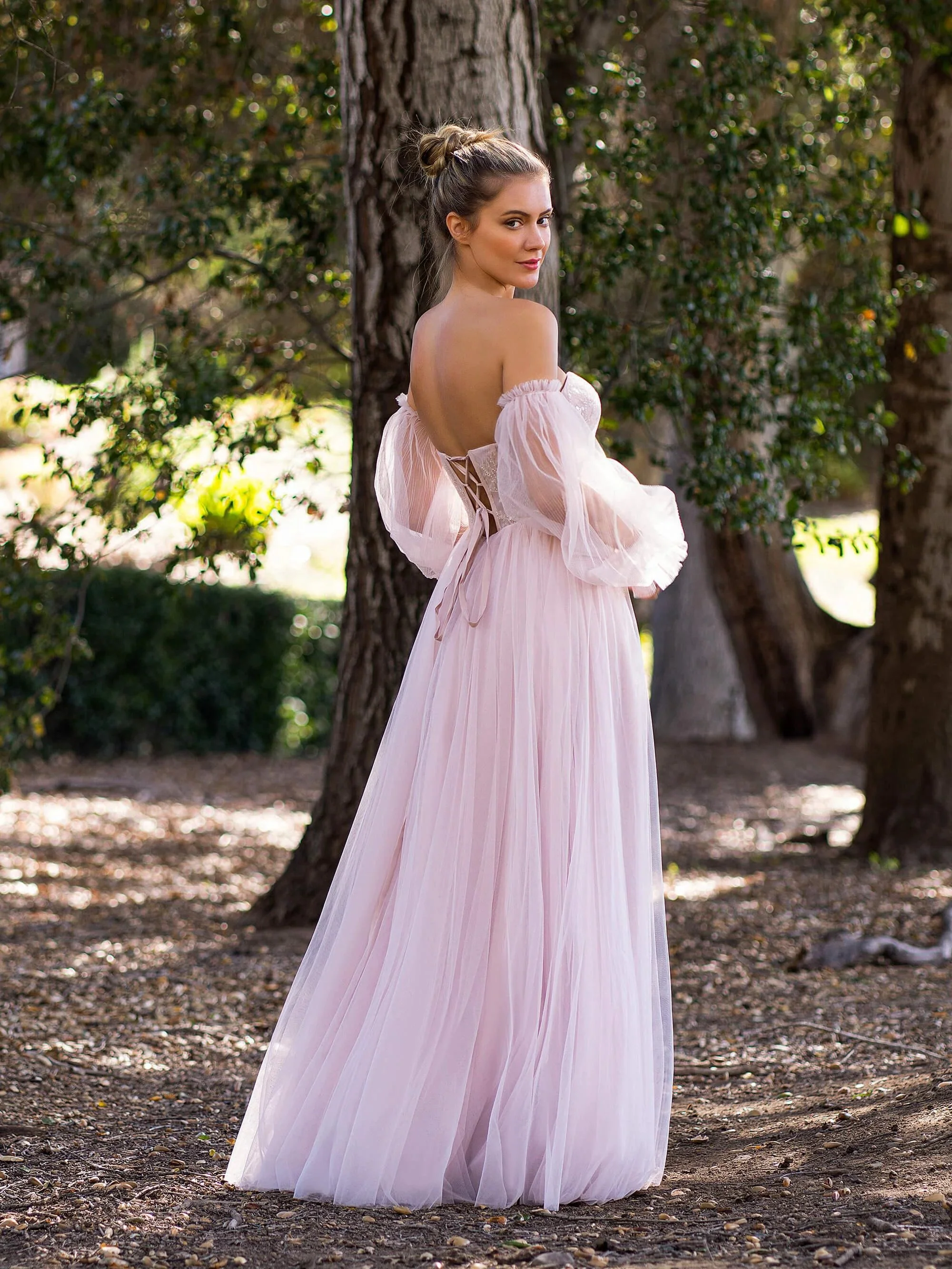 A-line Corset Off The Shoulder Floor Length Tulle Prom Dress with lace appliques - Image 2