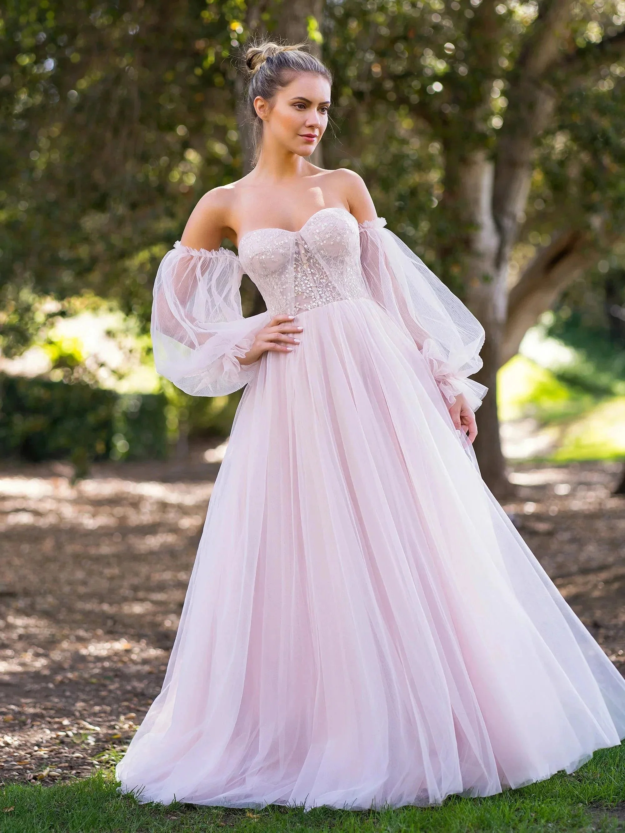 A-line Corset Off The Shoulder Floor Length Tulle Prom Dress with lace appliques - Image 3