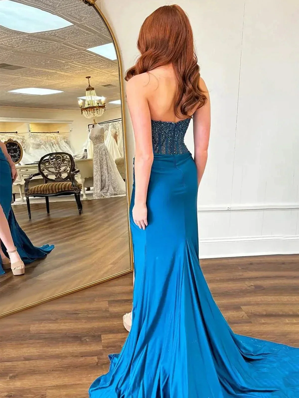 Cosmo | Mermaid Scoop Neck Blue Satin Long Prom Dresses - Image 2