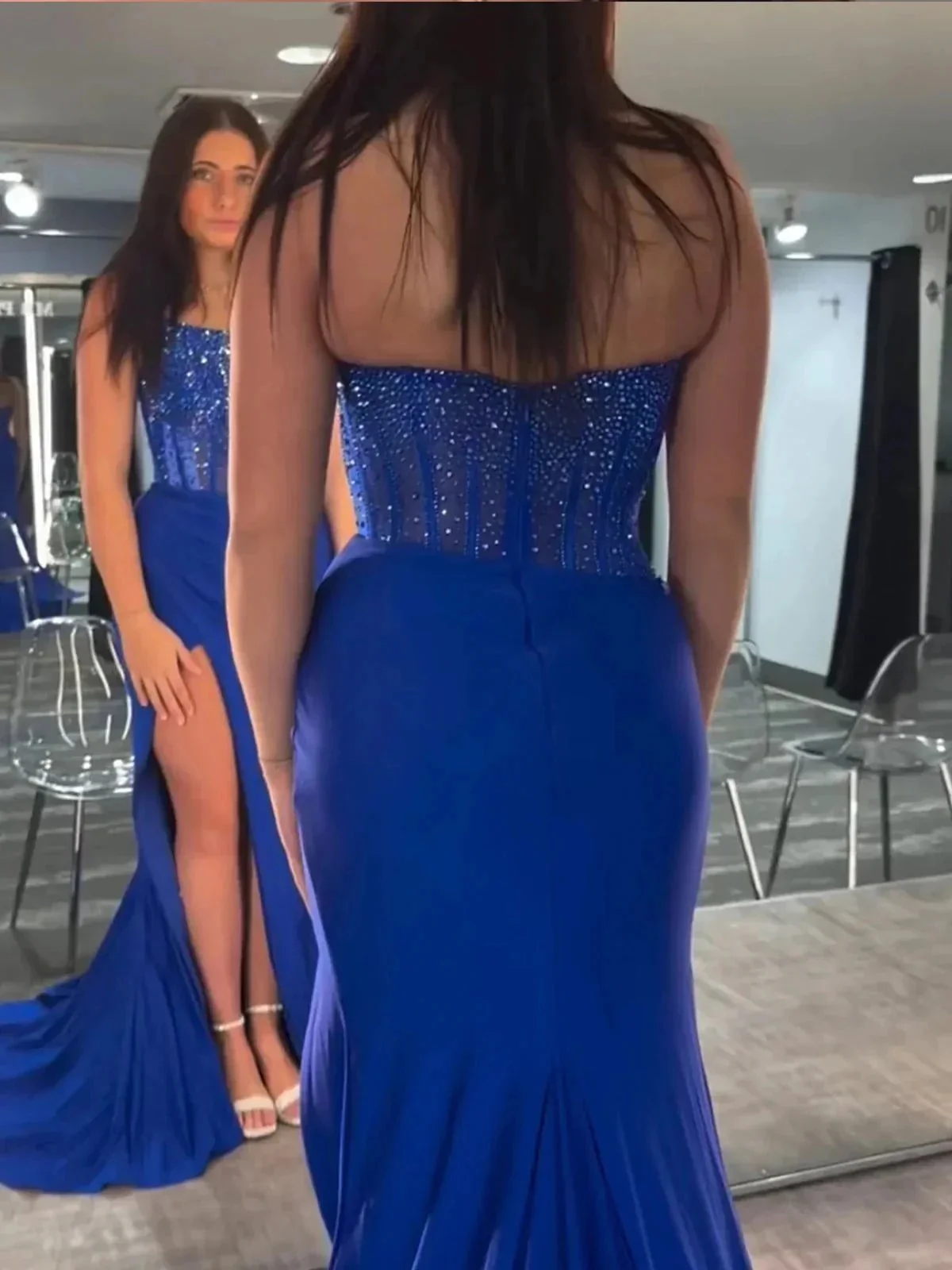 Cosmo | Mermaid Scoop Neck Blue Satin Long Prom Dresses - Image 3