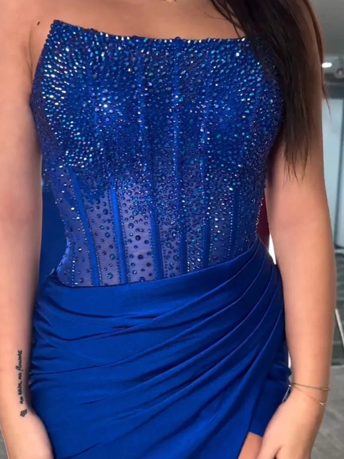 Cosmo | Mermaid Scoop Neck Blue Satin Long Prom Dresses - Image 4