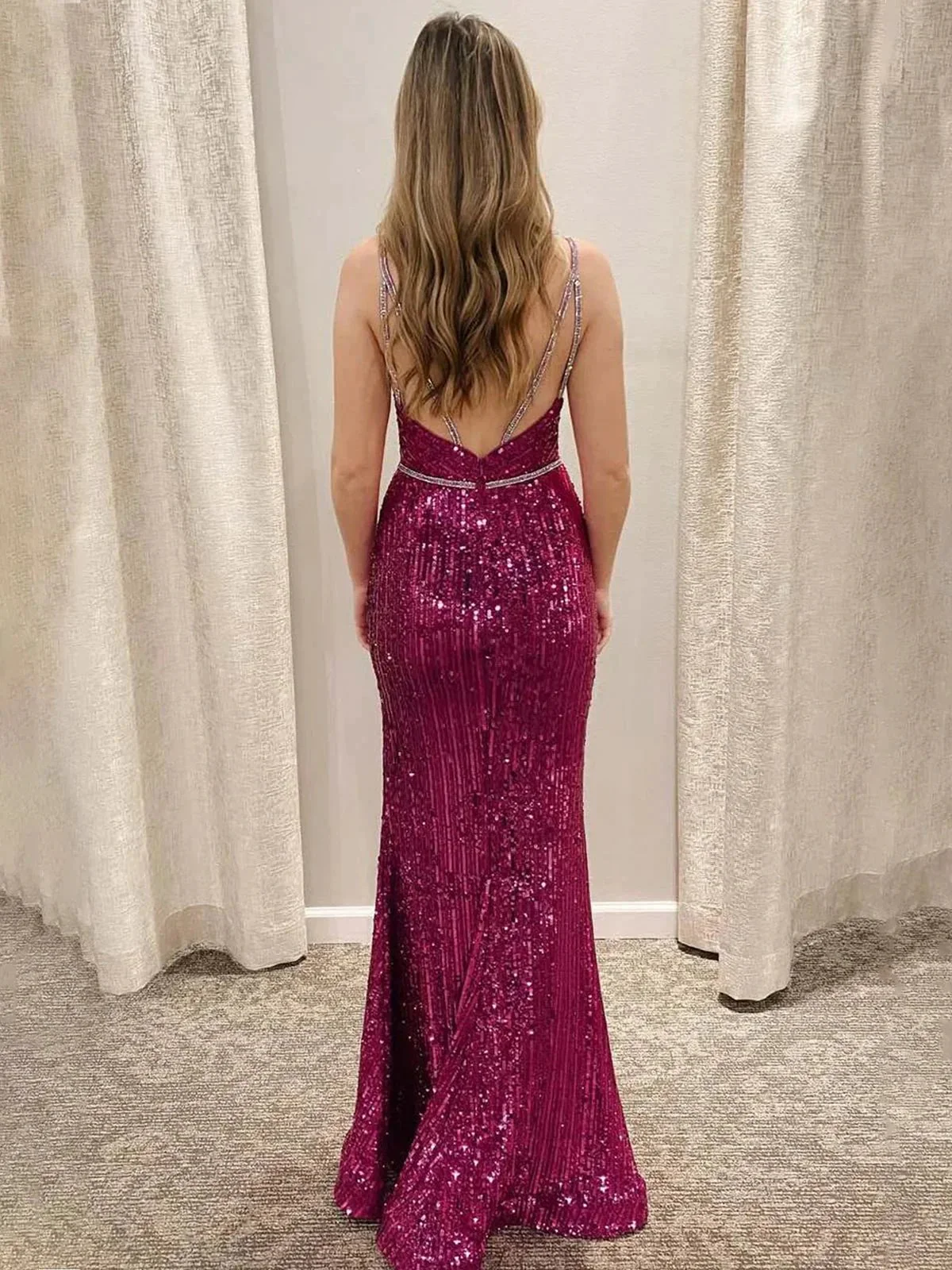 Covie | Mermaid V-Neck Spaghetti Straps Sequined Long Prom Dress with Slit - Image 2