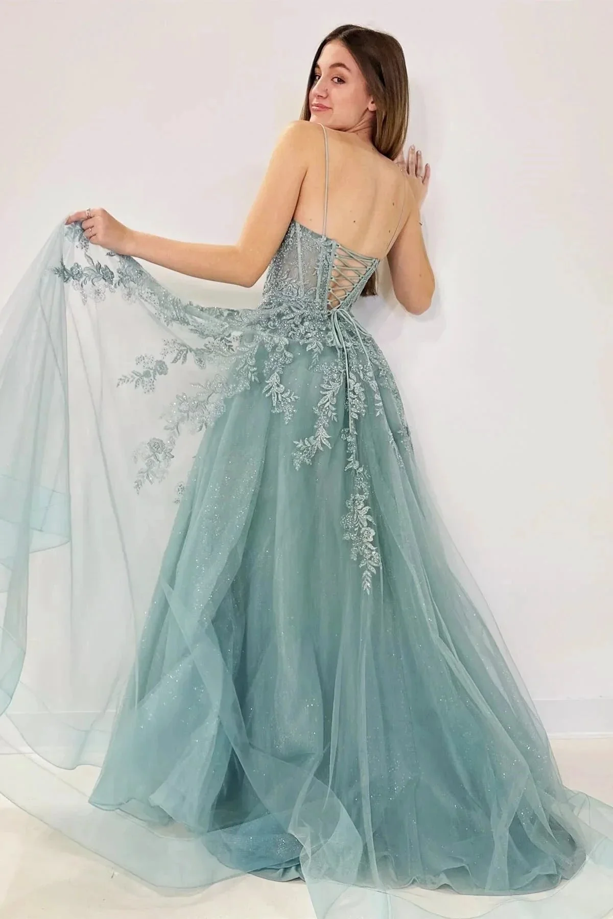 Cozy | Tulle Appliques Lace-Up A-Line Long Prom Dress - Image 4
