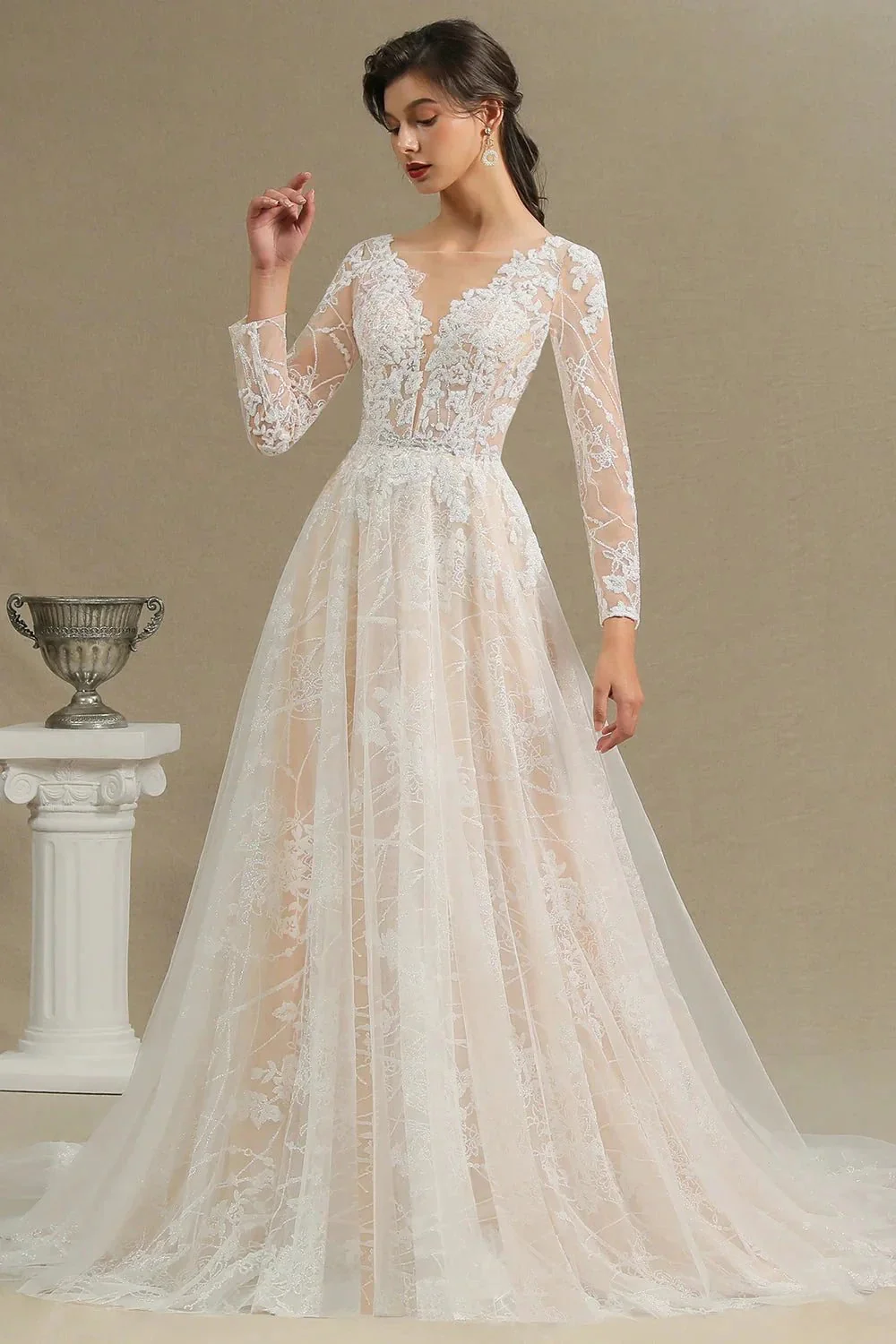 Elegant Lace Deep V-neck Wedding Dress Long Sleeve Floor Length Bridal Gowns - Image 10
