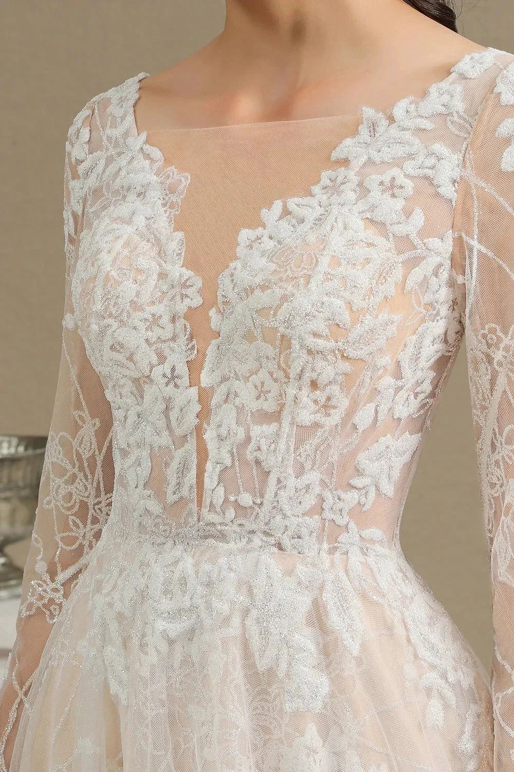 Elegant Lace Deep V-neck Wedding Dress Long Sleeve Floor Length Bridal Gowns - Image 3