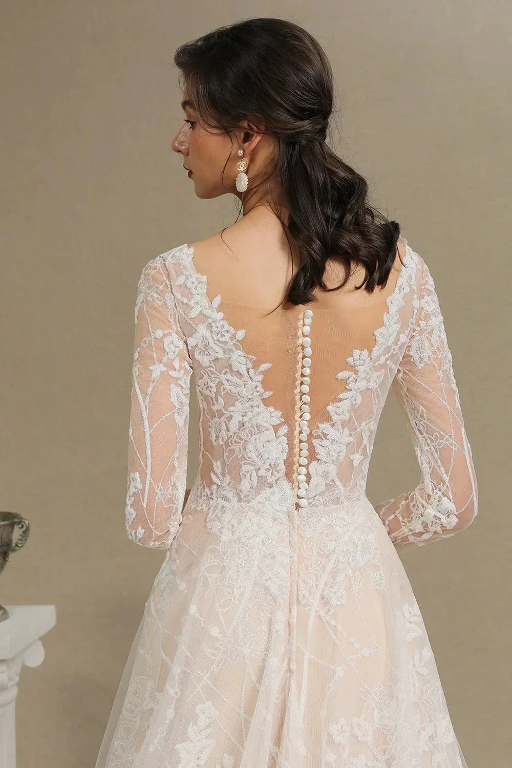 Elegant Lace Deep V-neck Wedding Dress Long Sleeve Floor Length Bridal Gowns - Image 4