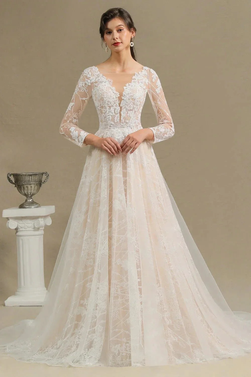 Elegant Lace Deep V-neck Wedding Dress Long Sleeve Floor Length Bridal Gowns - Image 6