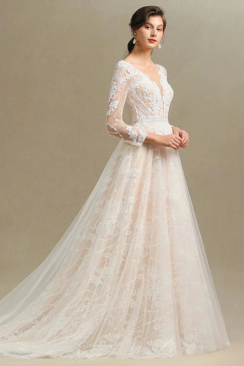 Elegant Lace Deep V-neck Wedding Dress Long Sleeve Floor Length Bridal Gowns - Image 7