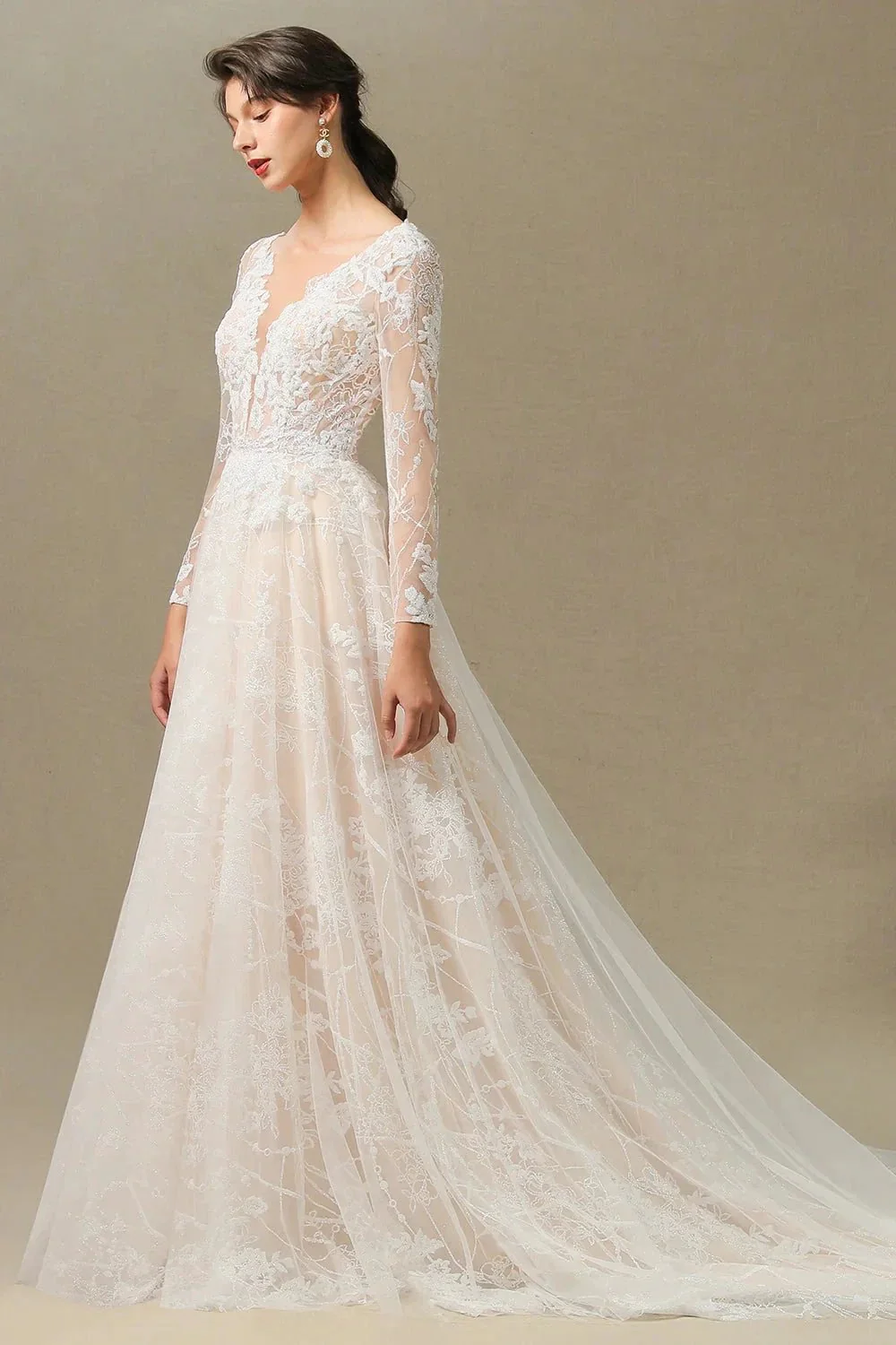 Elegant Lace Deep V-neck Wedding Dress Long Sleeve Floor Length Bridal Gowns - Image 9