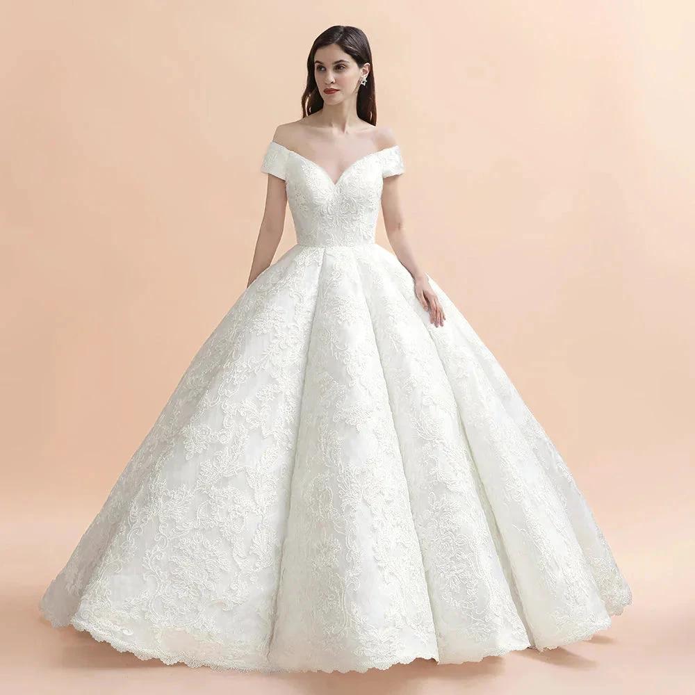 Off Shoulder Floor Length Bridal Gowns Lace Appliques Chapel Train Wedding Dress - Image 2