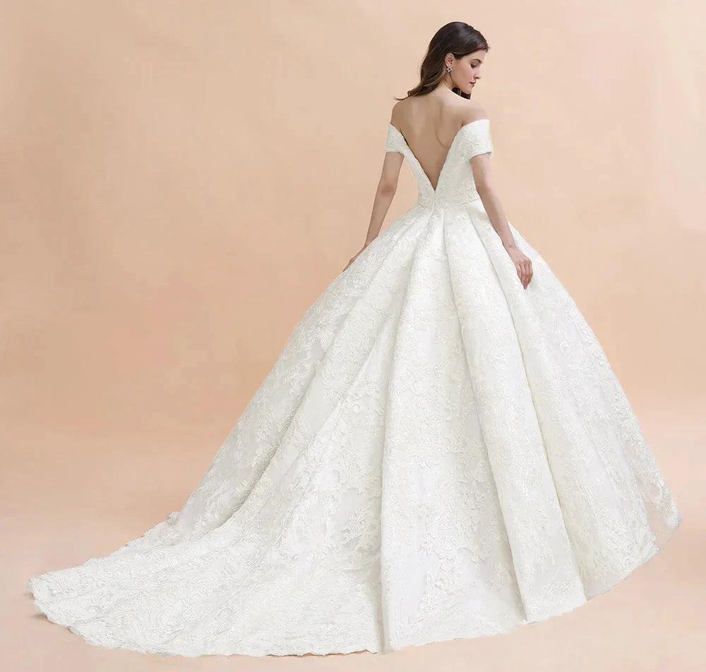 Off Shoulder Floor Length Bridal Gowns Lace Appliques Chapel Train Wedding Dress - Image 3
