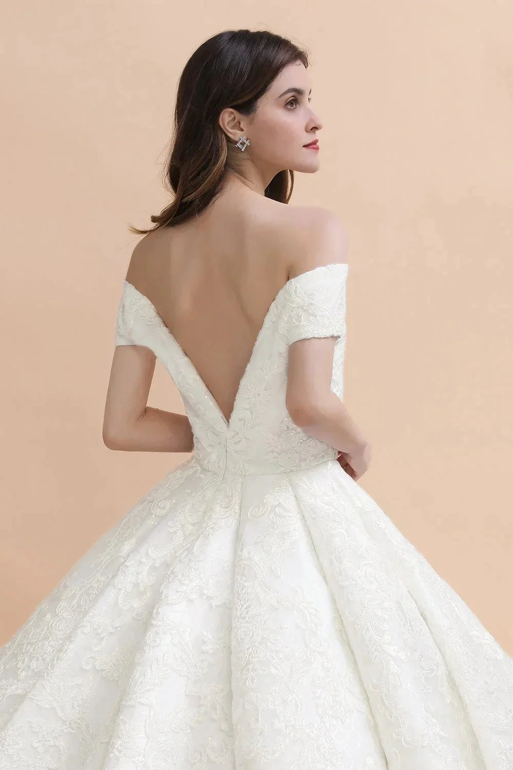 Off Shoulder Floor Length Bridal Gowns Lace Appliques Chapel Train Wedding Dress - Image 5