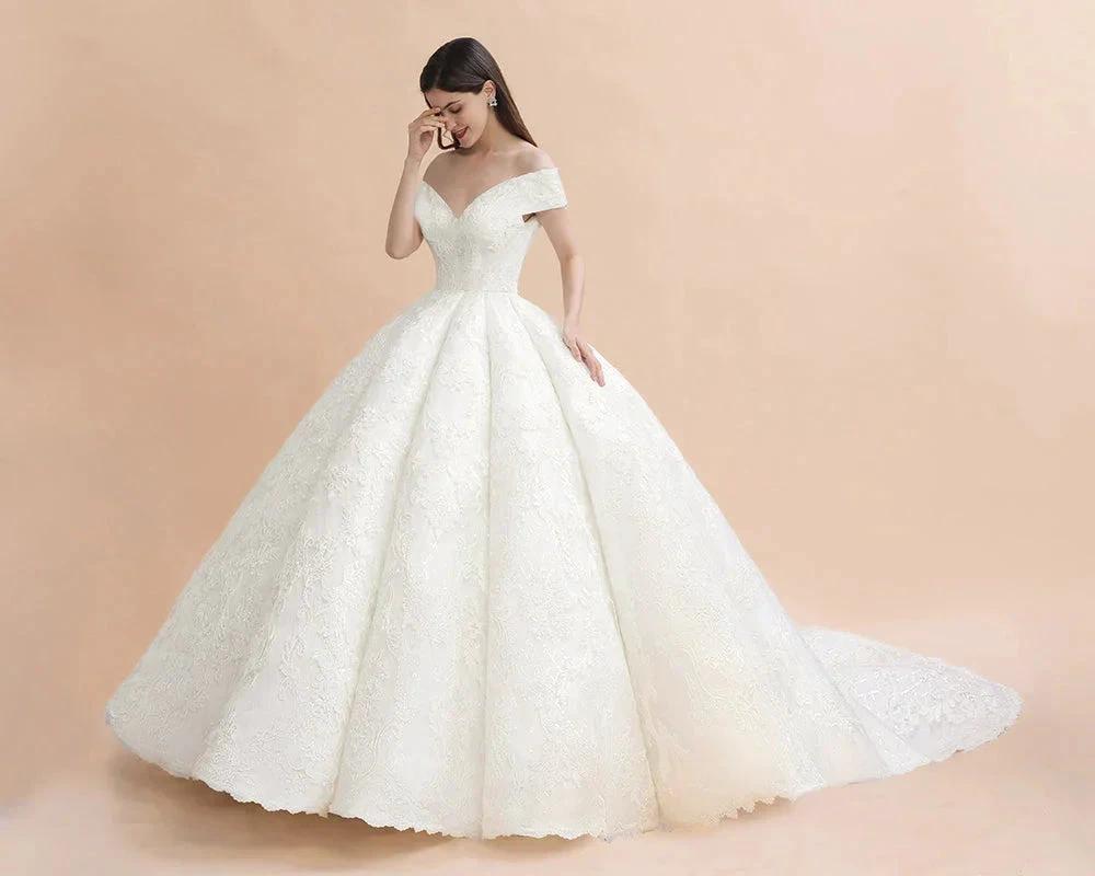 Off Shoulder Floor Length Bridal Gowns Lace Appliques Chapel Train Wedding Dress - Image 6
