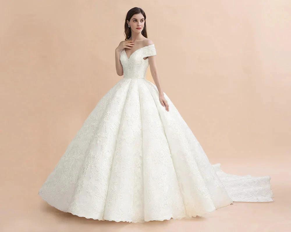 Off Shoulder Floor Length Bridal Gowns Lace Appliques Chapel Train Wedding Dress - Image 7
