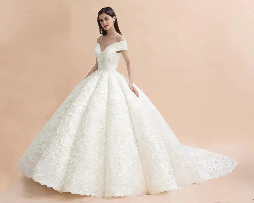 Off Shoulder Floor Length Bridal Gowns Lace Appliques Chapel Train Wedding Dress - Image 8