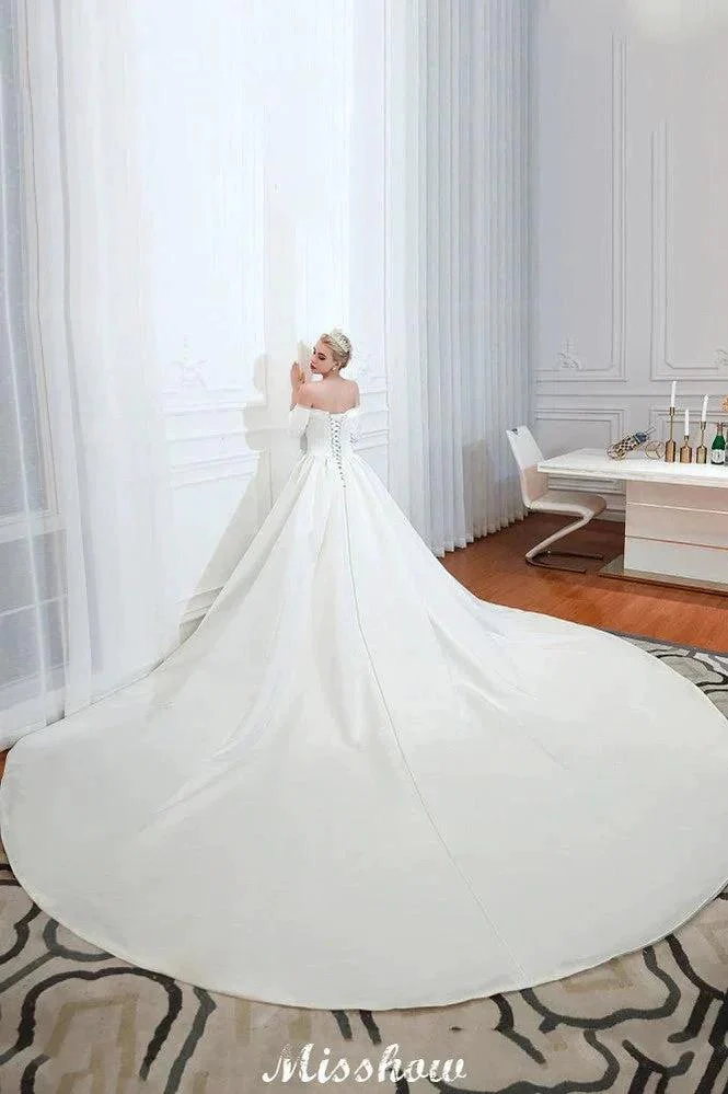 3/4 Sleeves Off-the-Shoulder Ball Gown White Aline Wedding Dress - Image 10