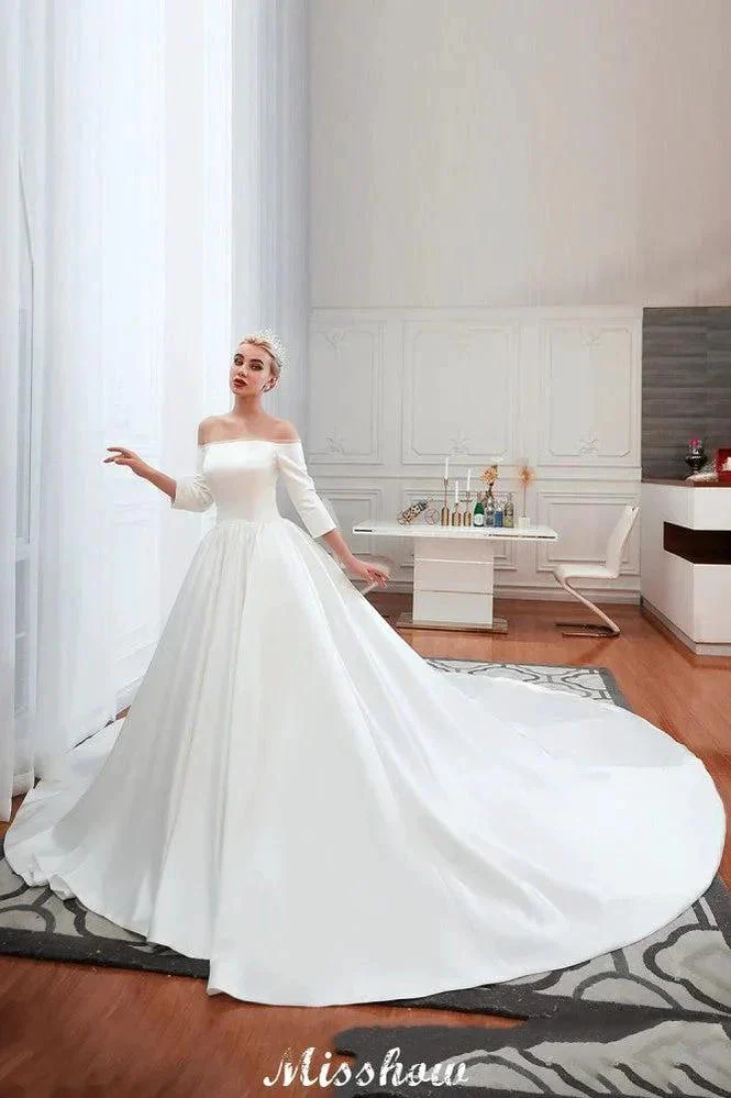 3/4 Sleeves Off-the-Shoulder Ball Gown White Aline Wedding Dress - Image 2