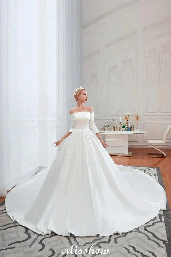 3/4 Sleeves Off-the-Shoulder Ball Gown White Aline Wedding Dress - Image 3