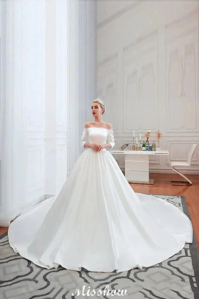 3/4 Sleeves Off-the-Shoulder Ball Gown White Aline Wedding Dress - Image 4