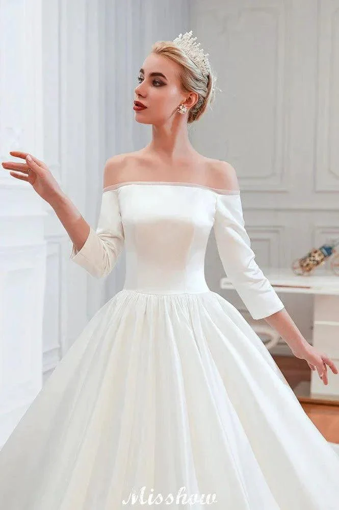 3/4 Sleeves Off-the-Shoulder Ball Gown White Aline Wedding Dress - Image 5
