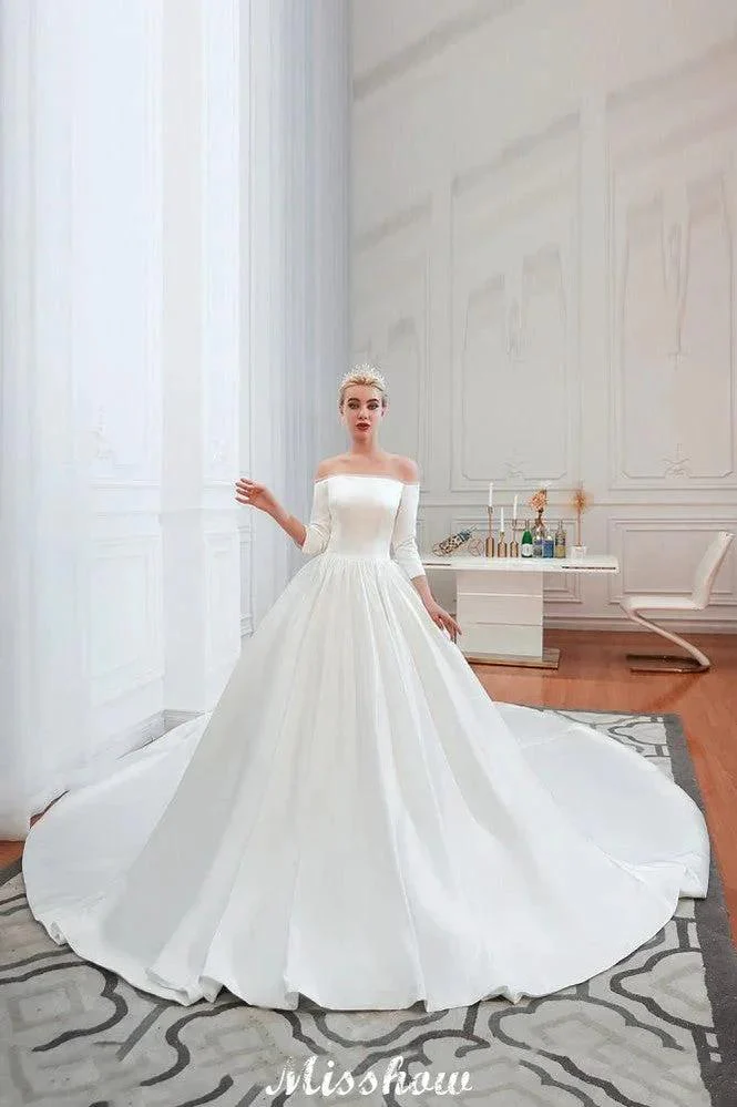 3/4 Sleeves Off-the-Shoulder Ball Gown White Aline Wedding Dress - Image 6