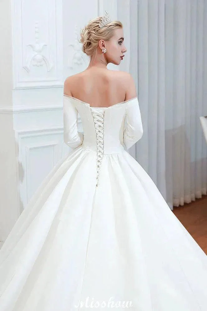 3/4 Sleeves Off-the-Shoulder Ball Gown White Aline Wedding Dress - Image 7