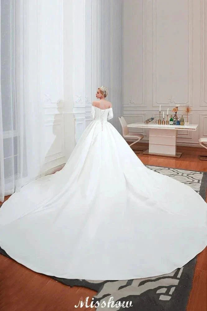 3/4 Sleeves Off-the-Shoulder Ball Gown White Aline Wedding Dress - Image 8